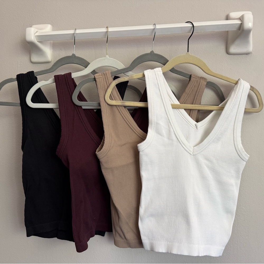 Old Navy Ribbed V-Neck Tank Tops - (4) piece set. White, Tan, Burgundy, Black - Picture 3 of 3